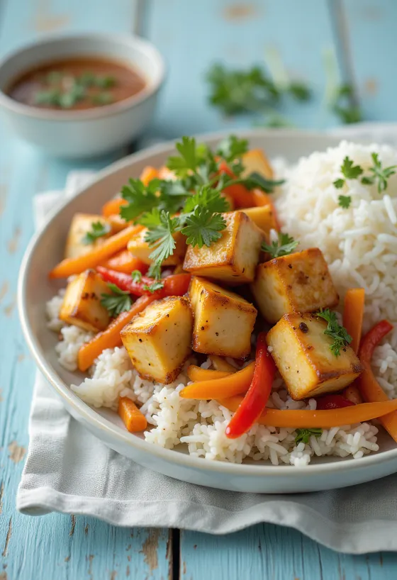 Krydret tofu med ris og grønnsaker servert