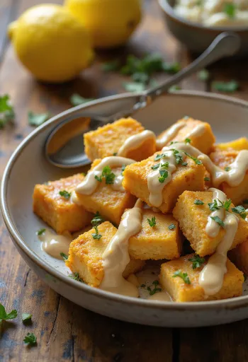 Bakt tofu med sitron-tahinidressing servert med frisk persille og sesamfrø