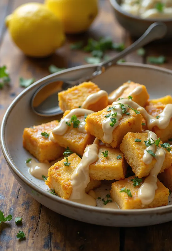 Bakt tofu med sitron-tahinidressing servert med frisk persille og sesamfrø
