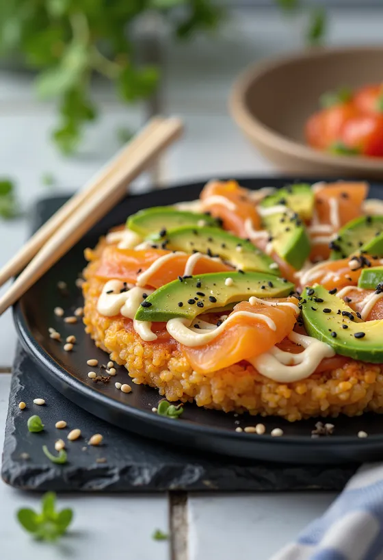 Sushi pizza med japansk risbunn, laks og avokado