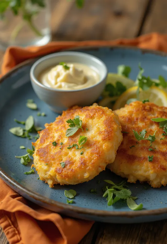 Fiskefrikadeller, servert med sitron og persille