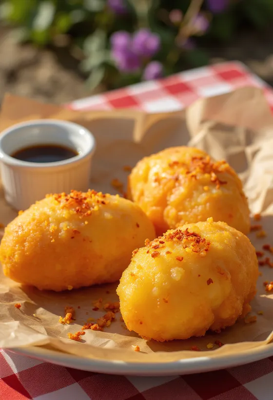 Kwek-kwek med chiliflak servert på en tallerken, sprø innbakte egg