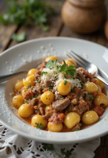 Gnocchi med storfekjøtt servert