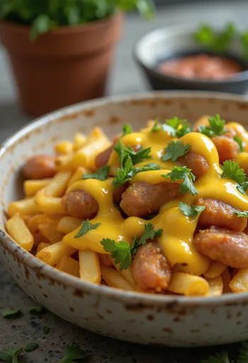 Salchipapas med ají amarillo-saus, servert med fersk koriander