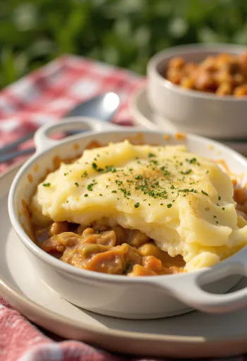 Shepherd’s pie servert med kalkun, toppet med potetmos