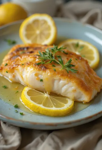Stekt fisk servert med sitronsaus