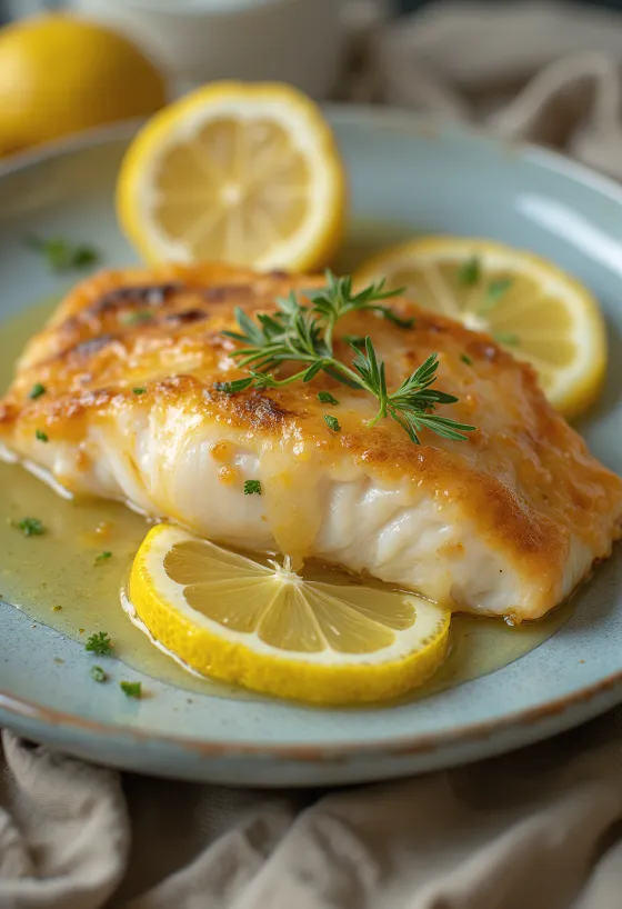 Stekt fisk servert med sitronsaus