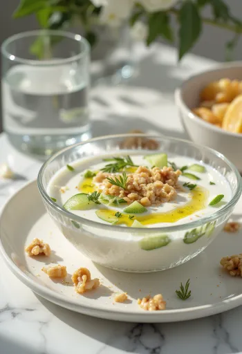 Tarator med sitronsaft, yoghurt-agurksuppe i bolle, pyntet med valnøtt og dill