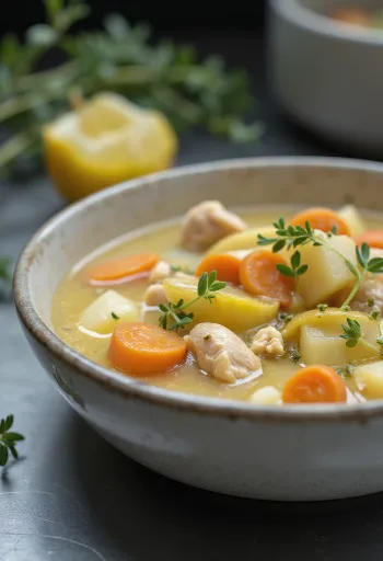 Kremet estragonsuppe med kyllingkjøtt, grønnsaker og pyntet med fersk estragon.