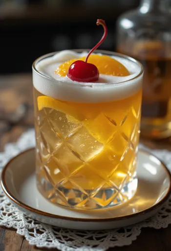 Whisky Sour cocktail pyntet med appelsinskive og cocktailbær