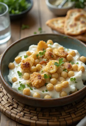 Fatteh med hvitløk, ristede pitabiter, kikerter, tahiniyoghurt og ristede pinjekjerner.