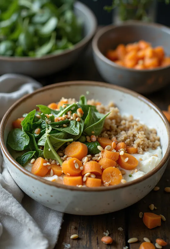 Buddha bowl med krydret sellerirotkrem servert