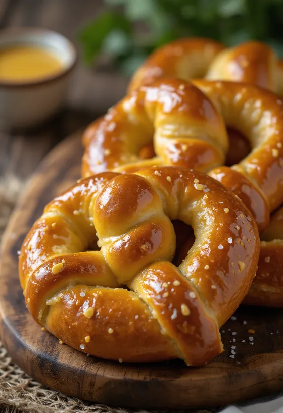 Nybakt pretzel med honning og sennep