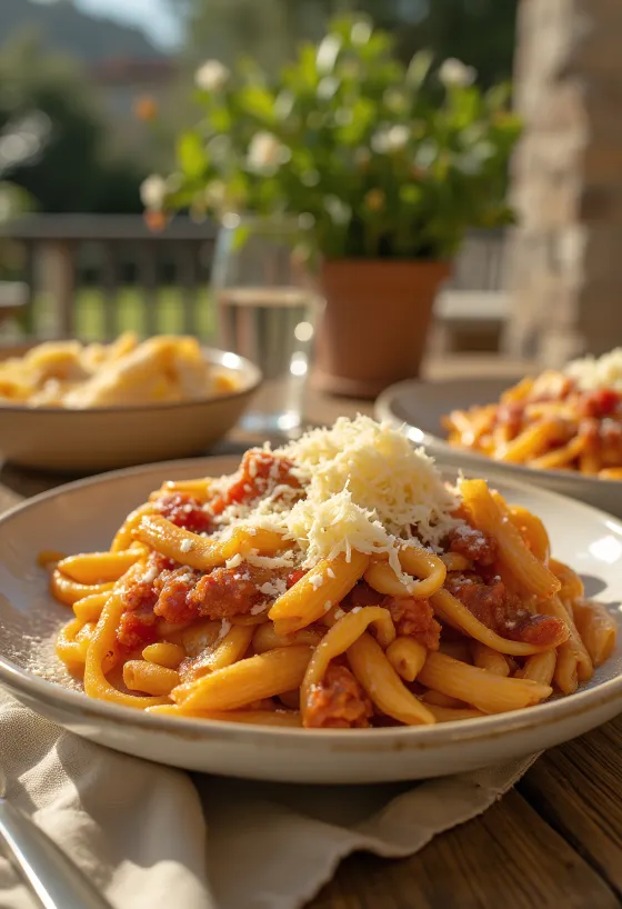 Pasta med aubergine servert med saftig tomatsaus og fersk basilikum