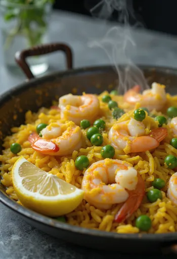 Spansk paella med fersk sjømat, grønnsaker og safran