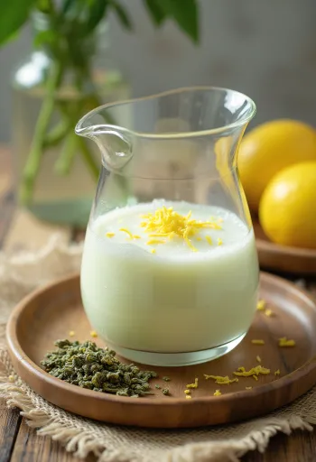 Grønn te-kefir med sitron servert i glass, lys drikke drysset med revet sitronskall