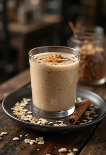 Havregrynsmoothie i høyt glass, pyntet med havregryn og kanel