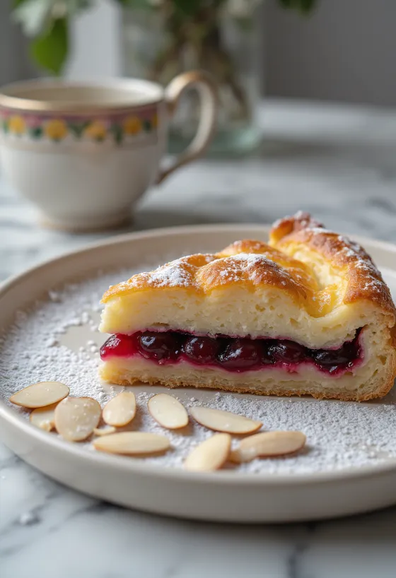Bakewell tart med kirsebærsyltetøy, mandeldeig, gyllenbrun bakt pai