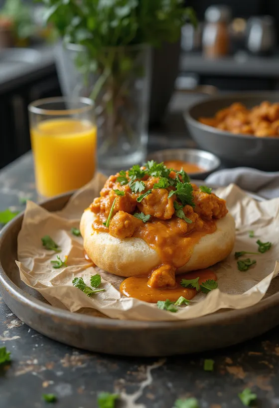 Bunny chow med kyllingcurry, servert med ristet brød