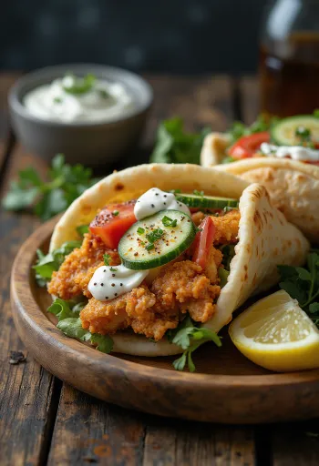 Kyllinggyros servert med friske grønnsaker, tzatziki og pitabrød.