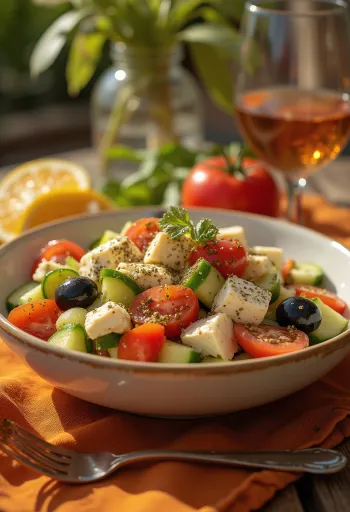 Gresk salat med stekte tofuterninger