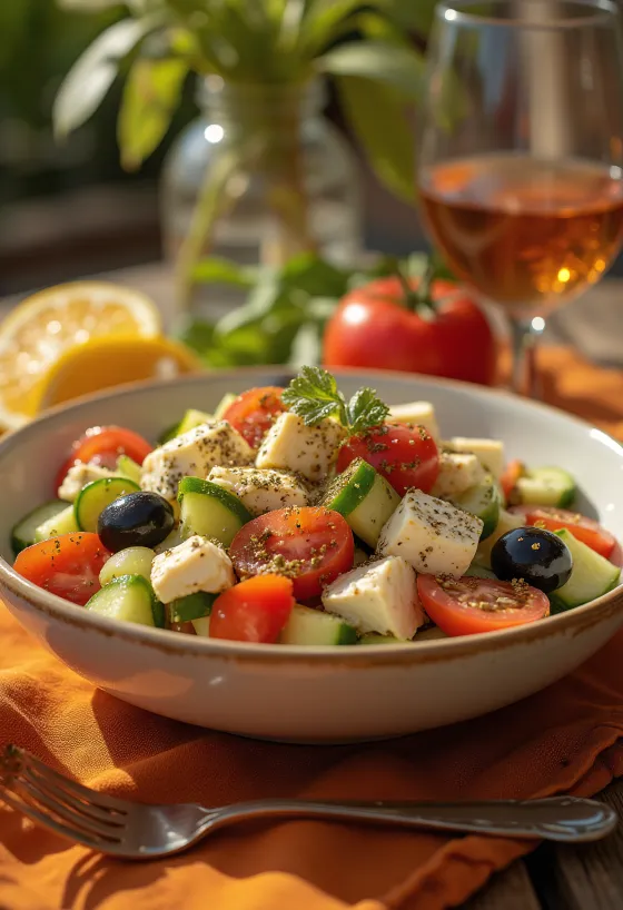 Gresk salat med stekte tofuterninger