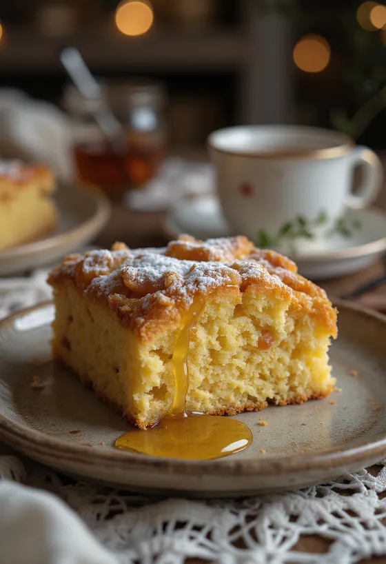 Ingefærkake med gyllenbrun, mør tekstur, drysset med melis.
