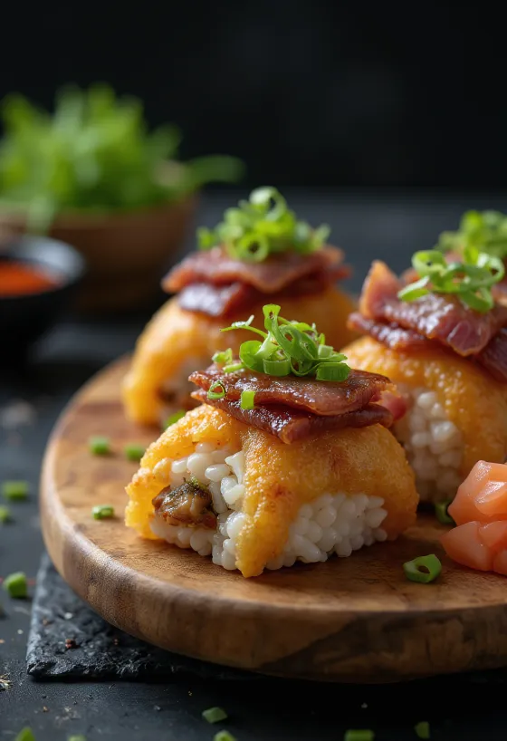 Inarizushi med bulgogi oksekjøtt, servert med nori tang og sesamfrøpynt