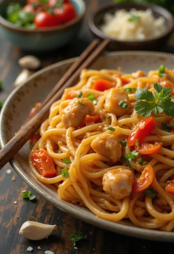 Lagman med kylling, nudler, grønnsaker og soyasaus-dressing