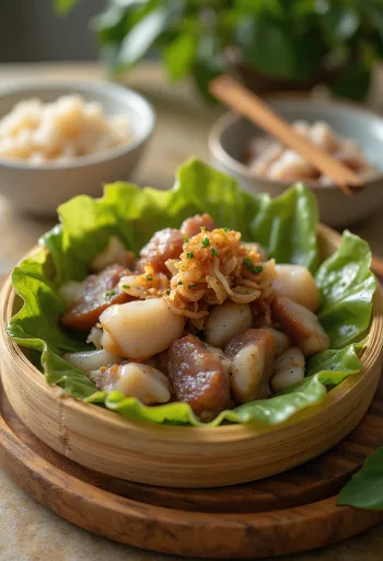 Laulau med røkt kjøtt, kokosmelk, servert