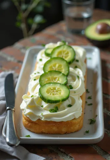 Smörgåstårta lagvis med avokado og agurk, pyntet med salat