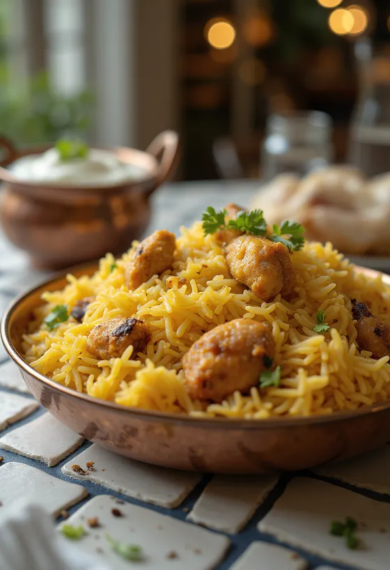 Yakhni Pulao, krydret kylling og ris servert