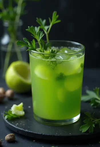 Sellerijuice i høyt glass, pyntet med ferske selleristenger og frukt