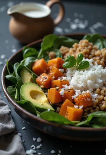 Buddha bowl med søtpotet og kokos servert