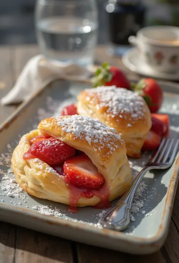 Nystekt, sprø jordbærstrudel drysset med melis.