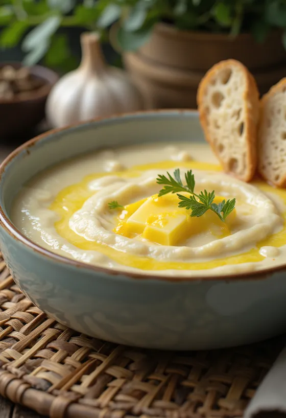 Hvitløks- og blomkålsuppe servert