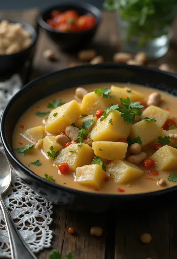 Gamjatang med peanøtter, rik og krydret potetsuppe servert med kokosmelk og peanøtter