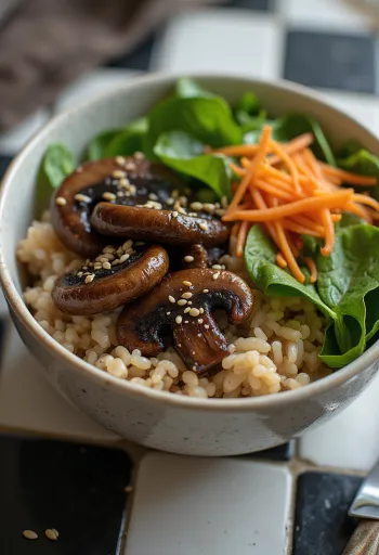 Vegansk Buddha bowl med sopp servert