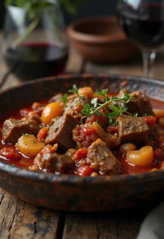 Stifado, gresk oksegryte servert