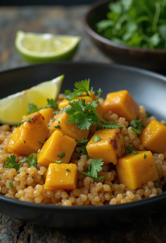 Gresskar- og quinoawok med curry-tahinitofu servert