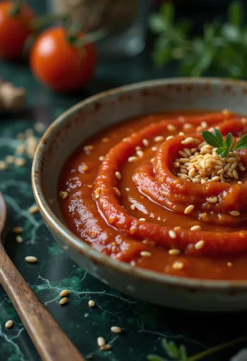 Tomatsaus med sesam og ingefær servert