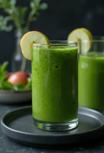 Grønn smoothie i høyt glass, pyntet med ferske grønnsaker og frukt