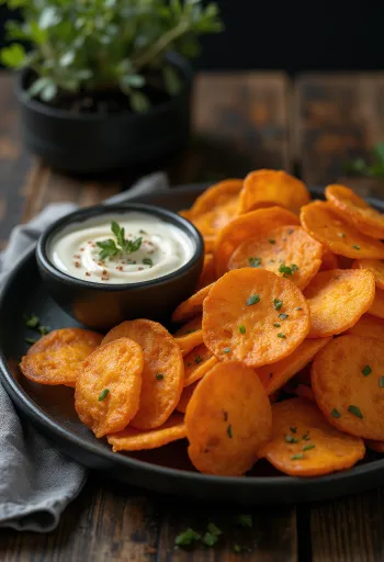 Søtpotetchips med krydret dip servert