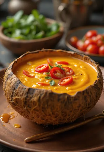 Krydret chili- og kokossaus i en skål, med frisk koriander og chiliskiver.