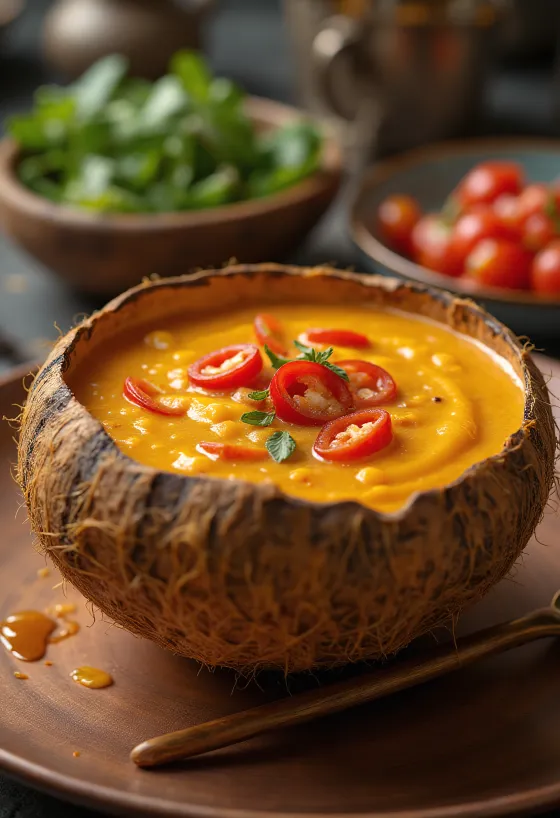 Krydret chili- og kokossaus i en skål, med frisk koriander og chiliskiver.