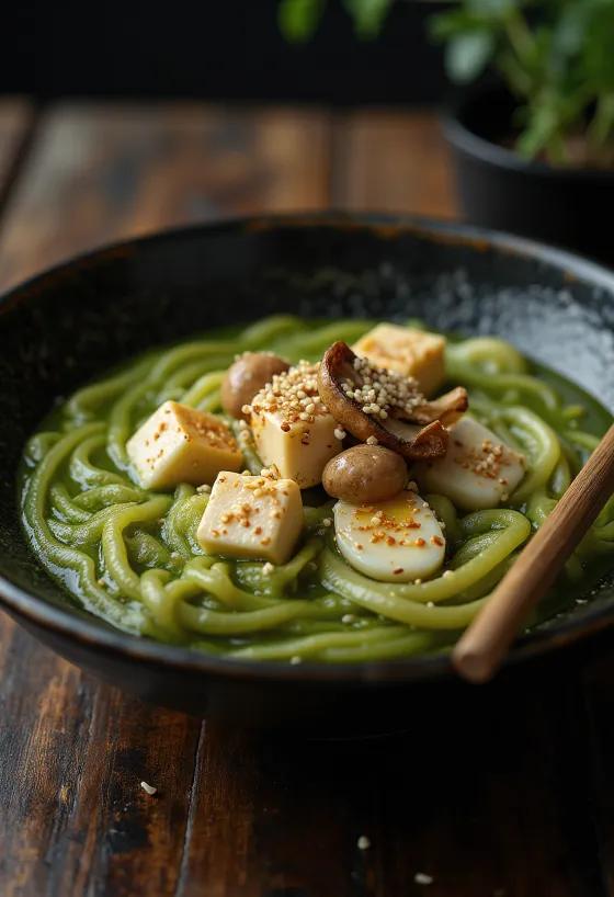 Matcha ramen servert med grønn te-kraft