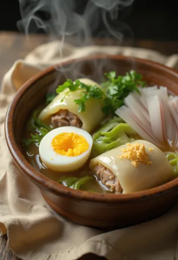 Oden med kålruletter, servert med egg og friske grønnsaker i en dyp skål