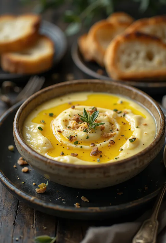 Auberginekrem med myk og kremet konsistens, servert med friske urter og olivenolje