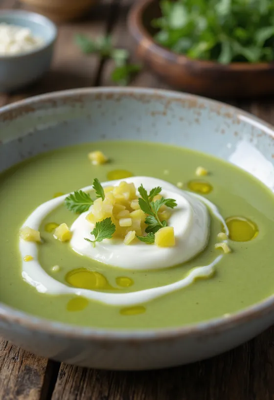 Purresuppe servert med yoghurt, pyntet med purreringer og frisk persille