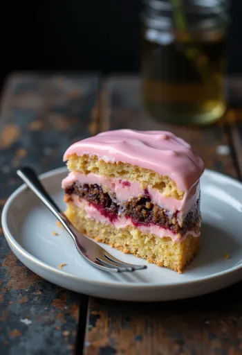 Fargerik punsjkake lagdelt med rosa glasur og mykt sukkerbrød.